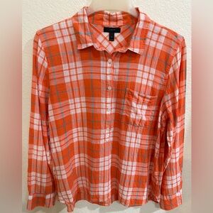 J. Crew Women Gauzy Popover Button Down in Orange Plaid Shirt Size 12